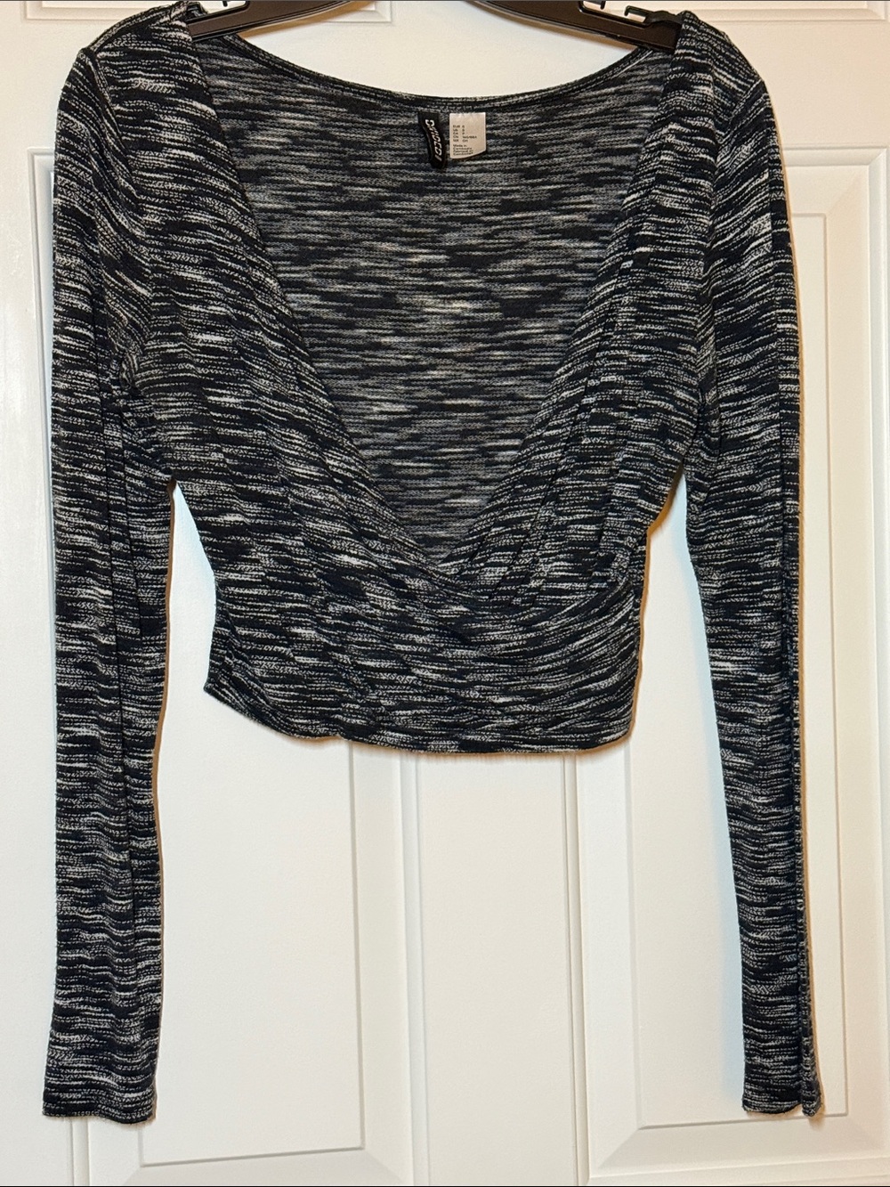 Divided Black & White Marled Wrap-Front Long Sleeve Crop Top